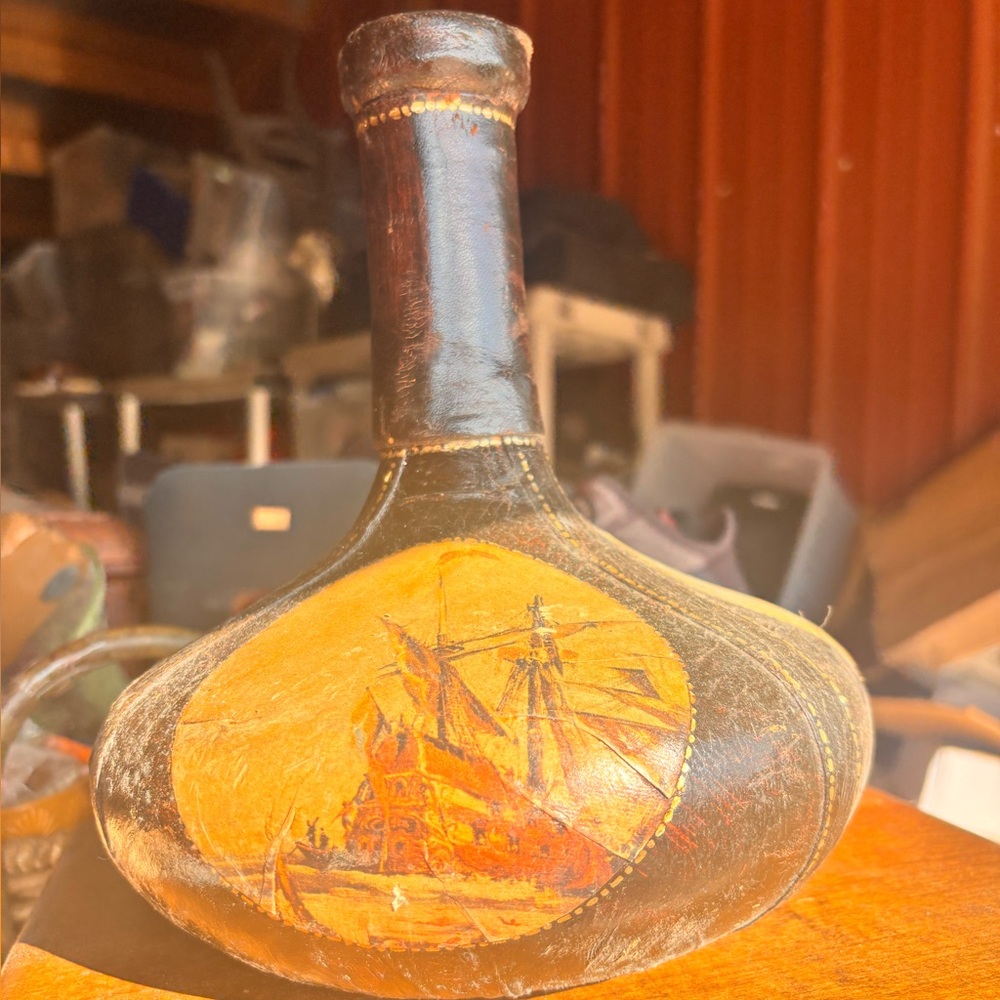 Nautical Leather Art Vase with Ship Design
